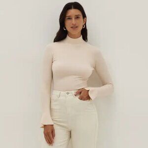 Love Bonito Cream Ribbed Mockneck Sweater with Flared Sleeves